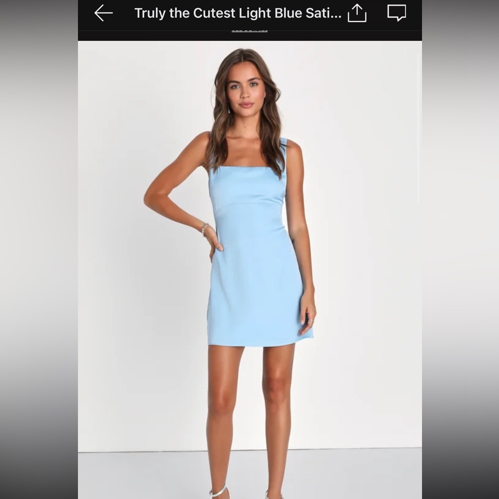 Truly the Cutest Light Blue Satin Square Neck Mini Dress